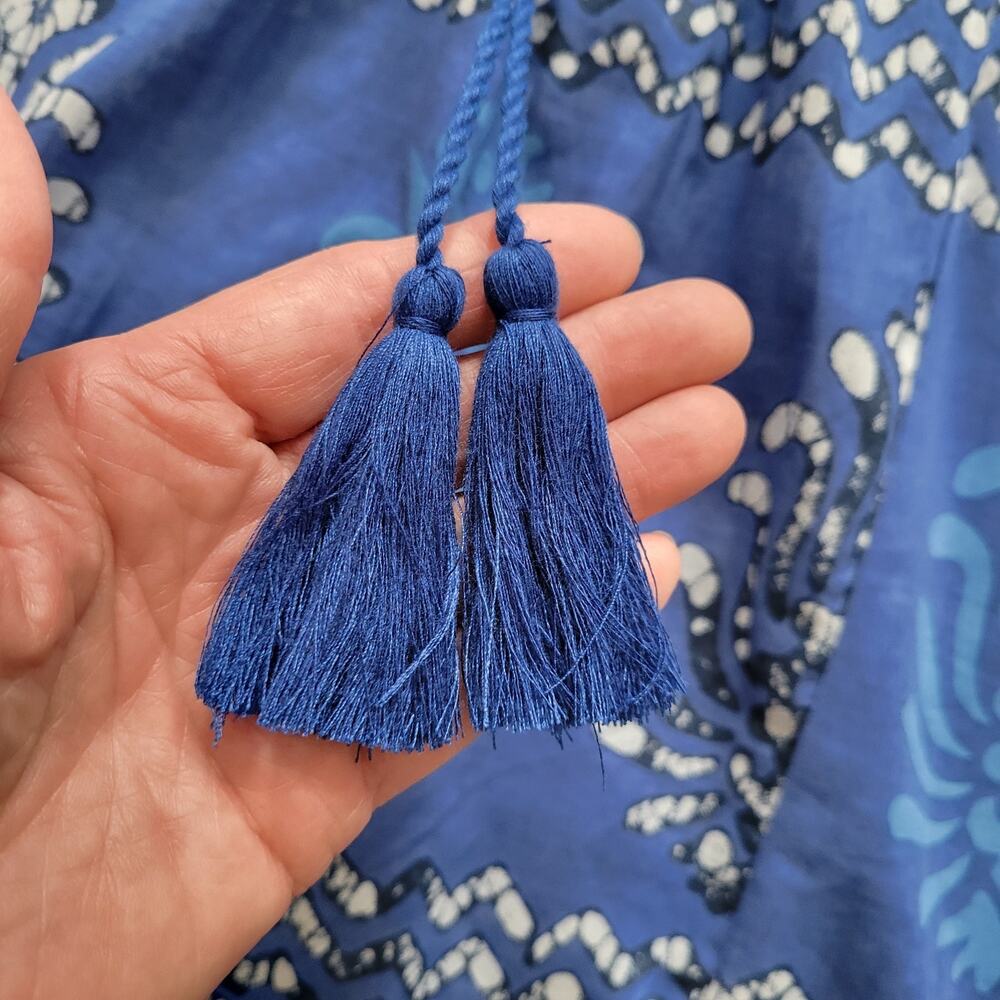 EUC Novica M Embroidered Tunic Dress Tassel Midi/Mini Boho Beachy Cruise Blue - Picture 7 of 16